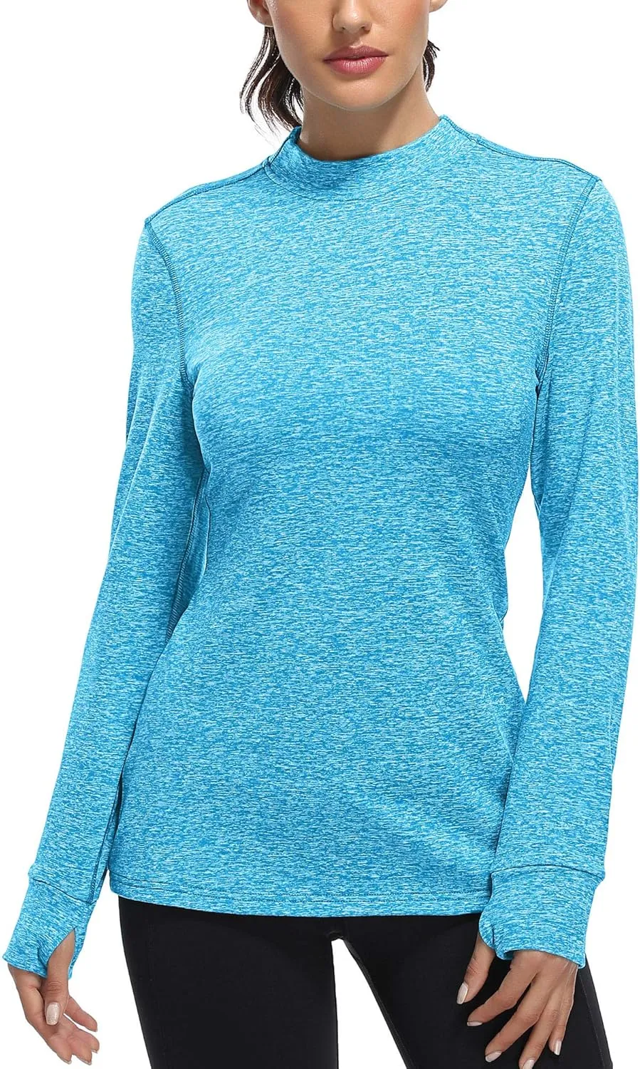 Fulbelle Womens Thermal Fleece Mock Neck Long Sleeve Running Shirts, Thumbholes Cold Weather Base Layer
