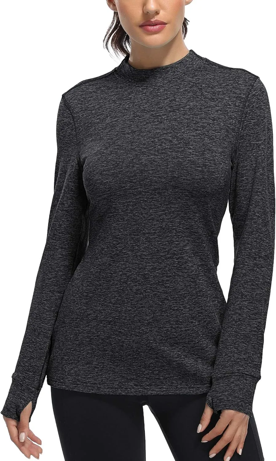Fulbelle Womens Thermal Fleece Mock Neck Long Sleeve Running Shirts, Thumbholes Cold Weather Base Layer