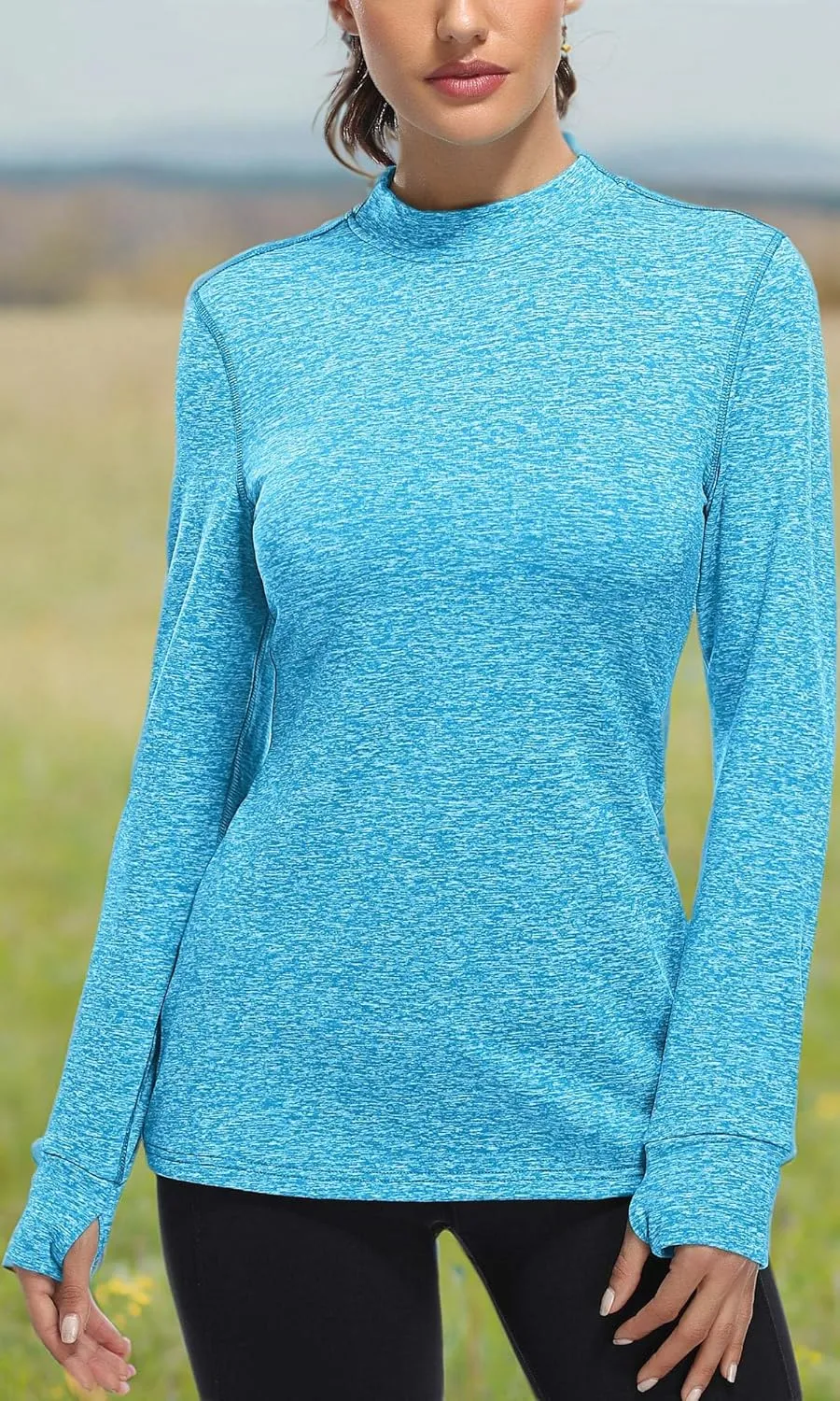 Fulbelle Womens Thermal Fleece Mock Neck Long Sleeve Running Shirts, Thumbholes Cold Weather Base Layer