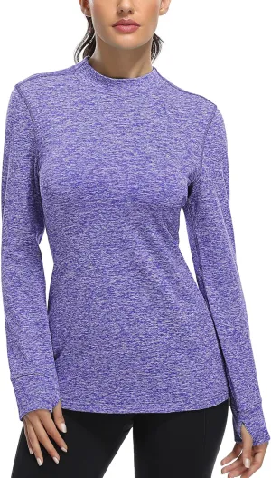 Fulbelle Womens Thermal Fleece Mock Neck Long Sleeve Running Shirts, Thumbholes Cold Weather Base Layer