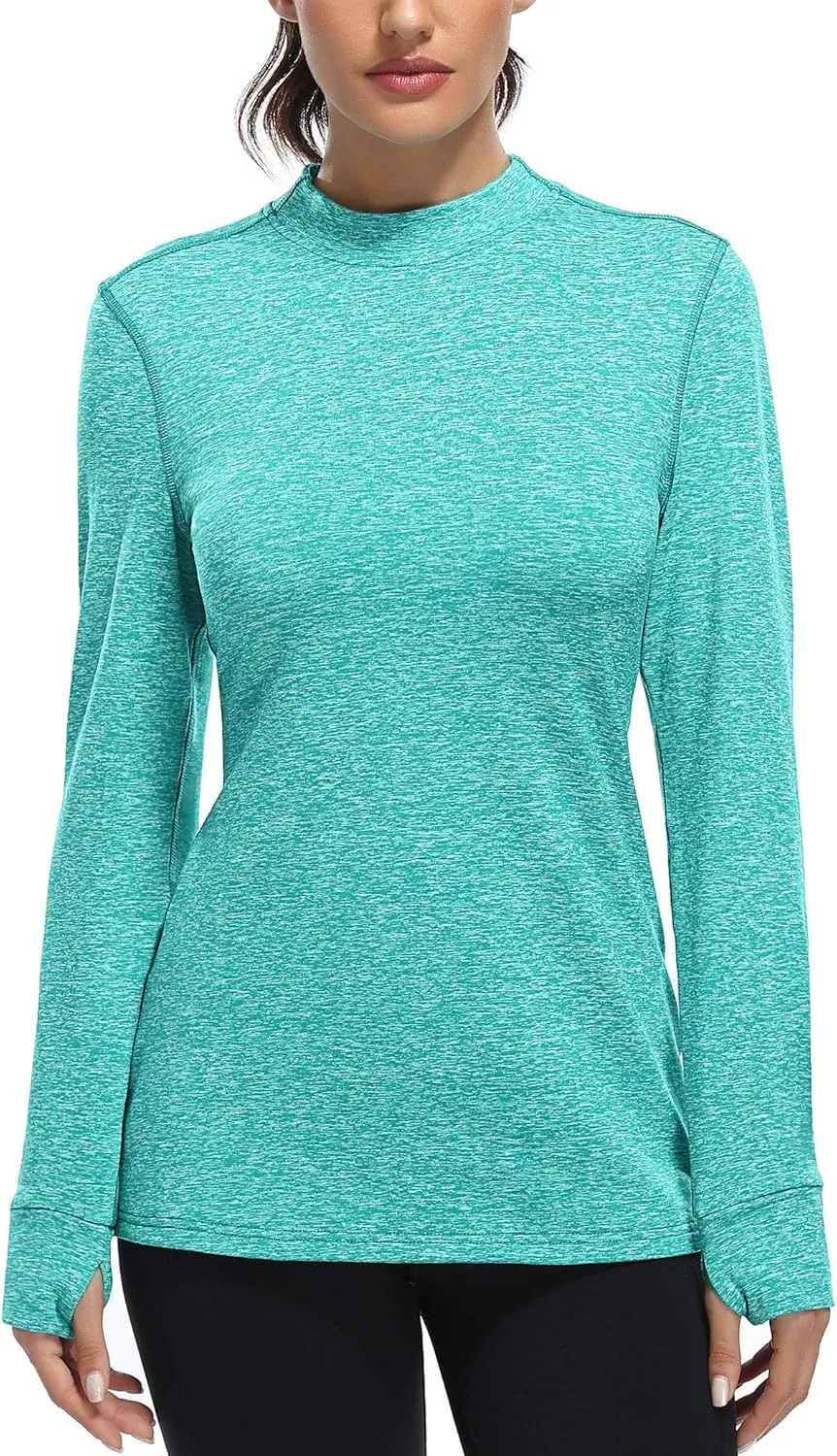 Fulbelle Womens Thermal Fleece Mock Neck Long Sleeve Running Shirts, Thumbholes Cold Weather Base Layer