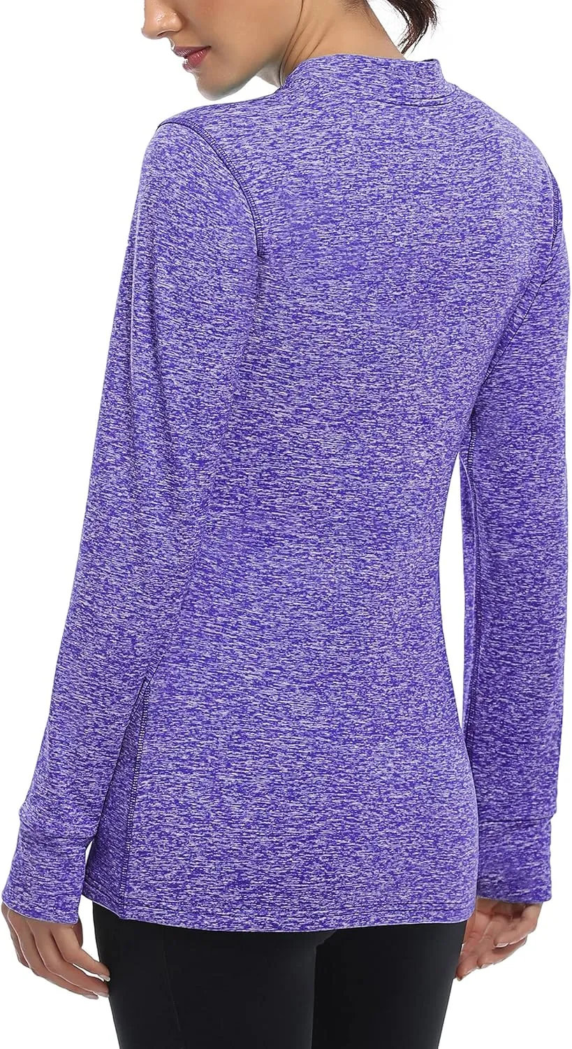 Fulbelle Womens Thermal Fleece Mock Neck Long Sleeve Running Shirts, Thumbholes Cold Weather Base Layer