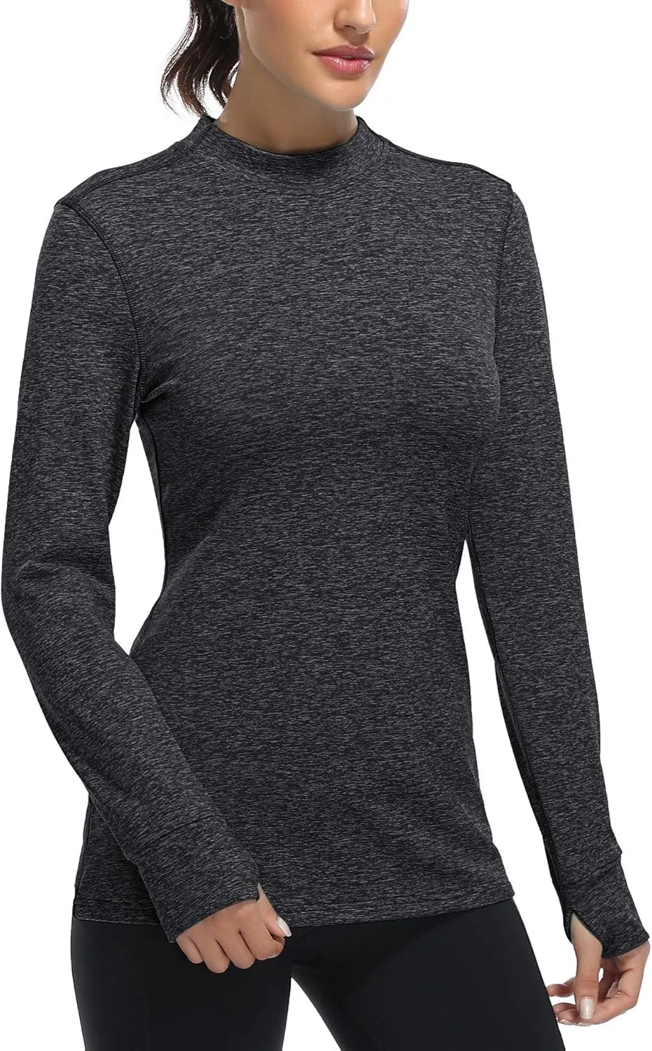 Fulbelle Womens Thermal Fleece Mock Neck Long Sleeve Running Shirts, Thumbholes Cold Weather Base Layer