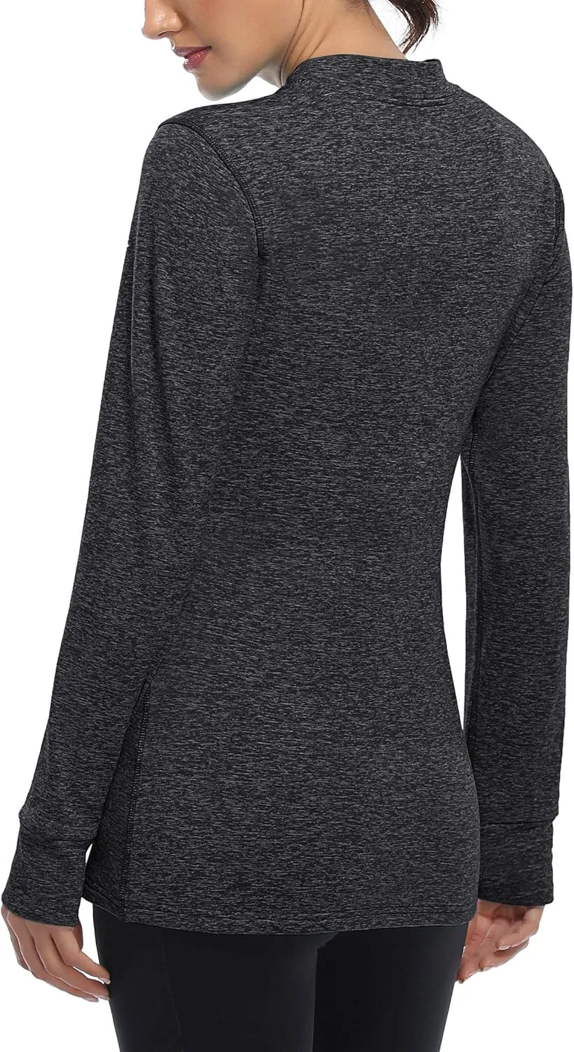 Fulbelle Womens Thermal Fleece Mock Neck Long Sleeve Running Shirts, Thumbholes Cold Weather Base Layer