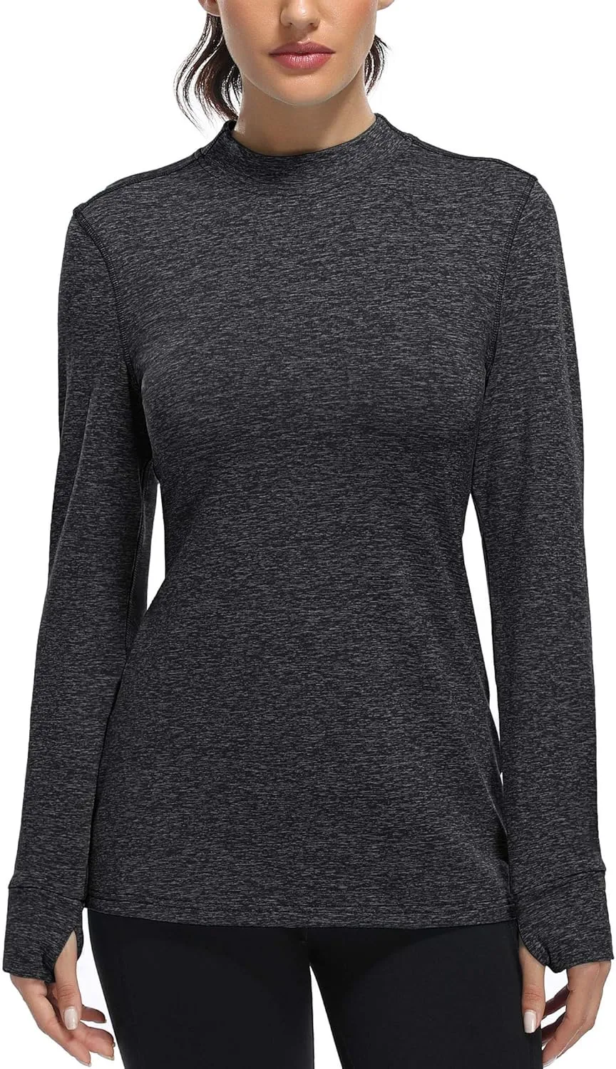 Fulbelle Womens Thermal Fleece Mock Neck Long Sleeve Running Shirts, Thumbholes Cold Weather Base Layer