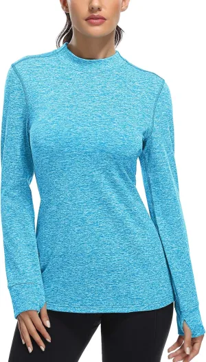 Fulbelle Womens Thermal Fleece Mock Neck Long Sleeve Running Shirts, Thumbholes Cold Weather Base Layer