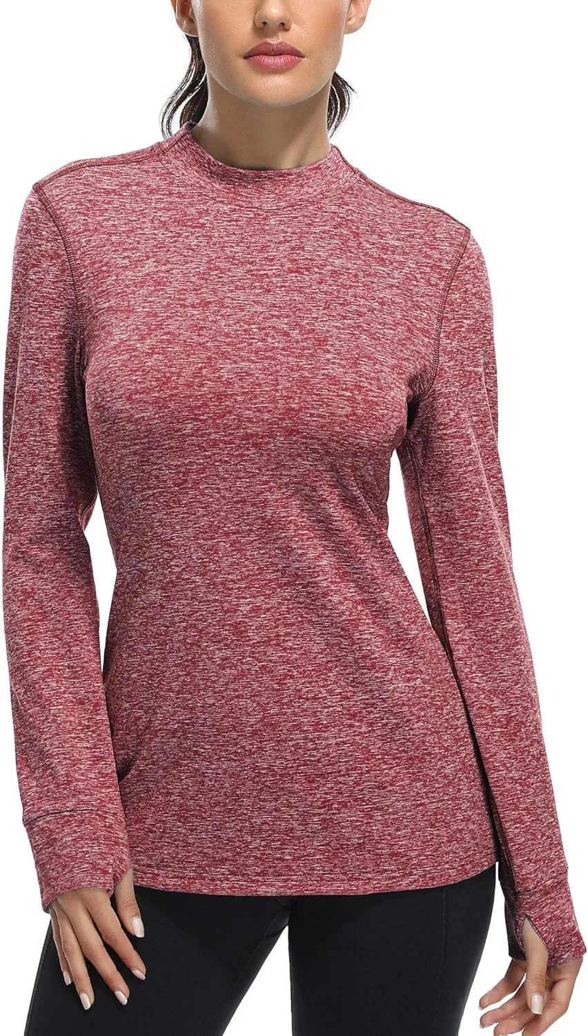 Fulbelle Womens Thermal Fleece Mock Neck Long Sleeve Running Shirts, Thumbholes Cold Weather Base Layer
