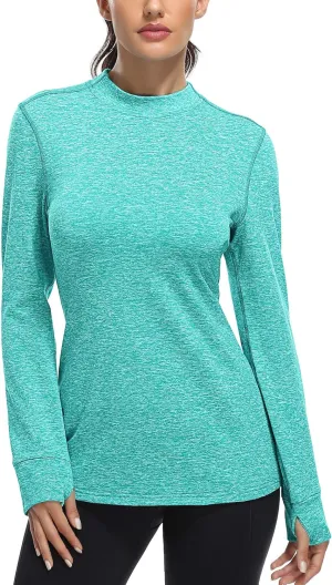 Fulbelle Womens Thermal Fleece Mock Neck Long Sleeve Running Shirts, Thumbholes Cold Weather Base Layer