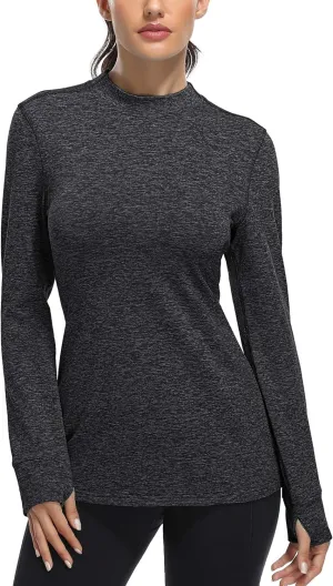 Fulbelle Womens Thermal Fleece Mock Neck Long Sleeve Running Shirts, Thumbholes Cold Weather Base Layer