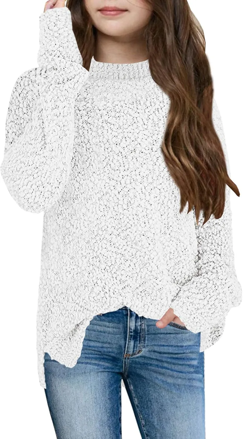 GAMISOTE Girl's Fuzzy Warm Sweater Crew Neck Chunky Side Slit Jumper Pullover Outwear