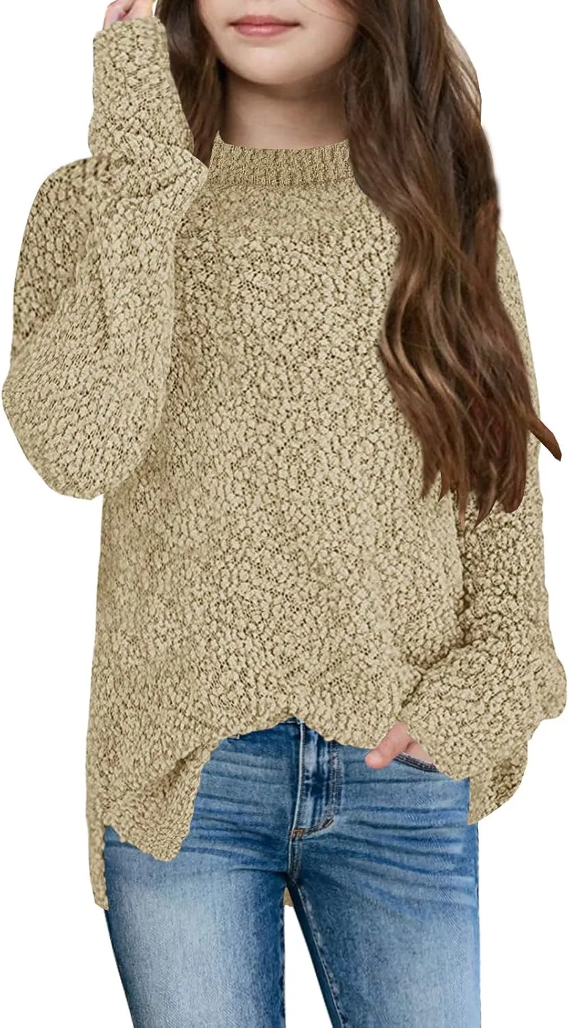 GAMISOTE Girl's Fuzzy Warm Sweater Crew Neck Chunky Side Slit Jumper Pullover Outwear