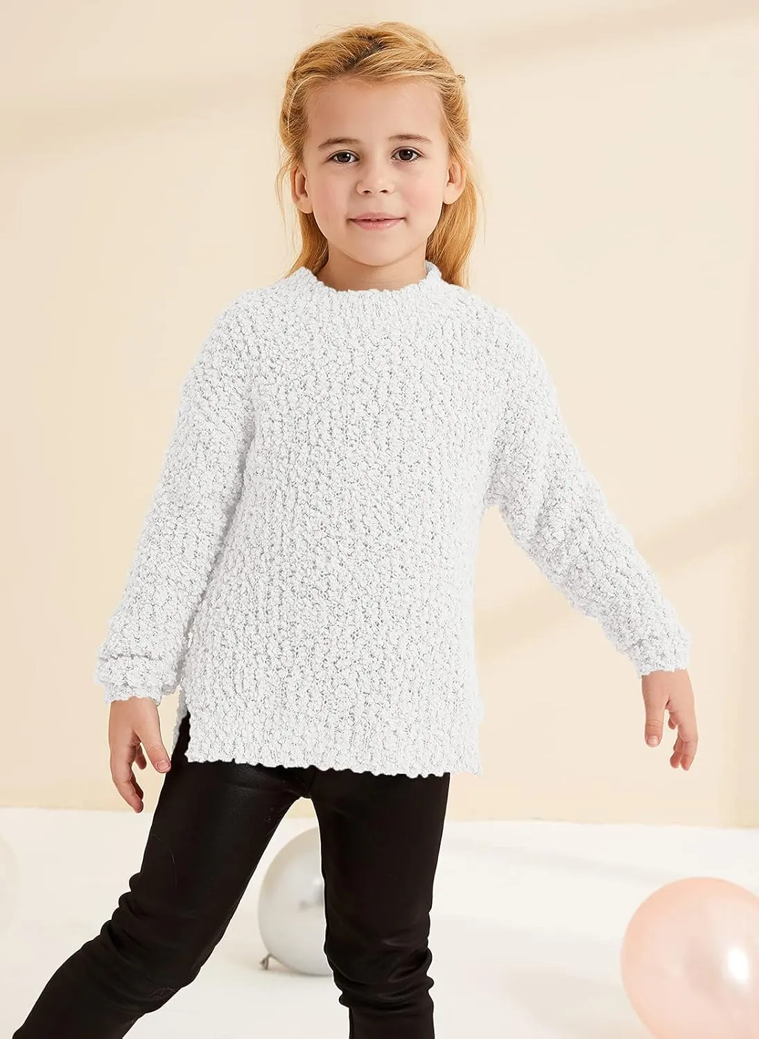 GAMISOTE Girl's Fuzzy Warm Sweater Crew Neck Chunky Side Slit Jumper Pullover Outwear