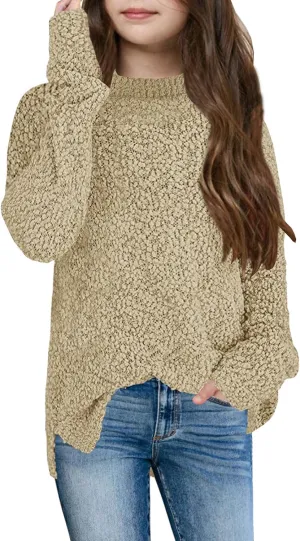GAMISOTE Girl's Fuzzy Warm Sweater Crew Neck Chunky Side Slit Jumper Pullover Outwear