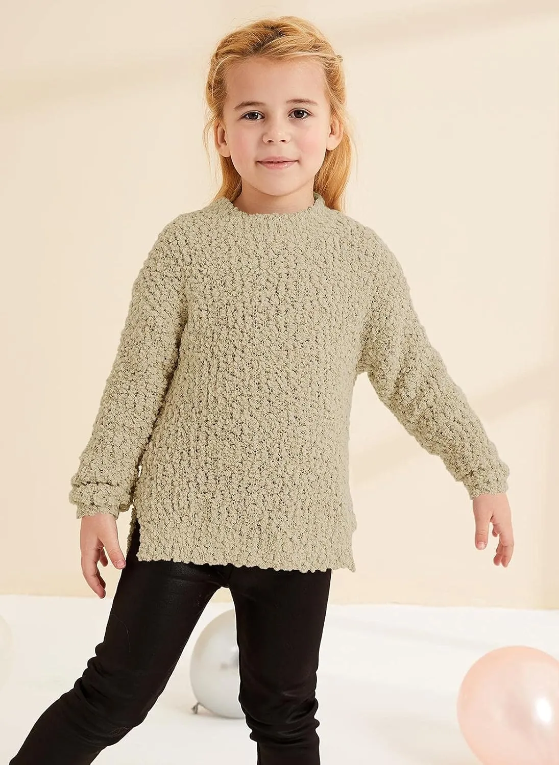 GAMISOTE Girl's Fuzzy Warm Sweater Crew Neck Chunky Side Slit Jumper Pullover Outwear