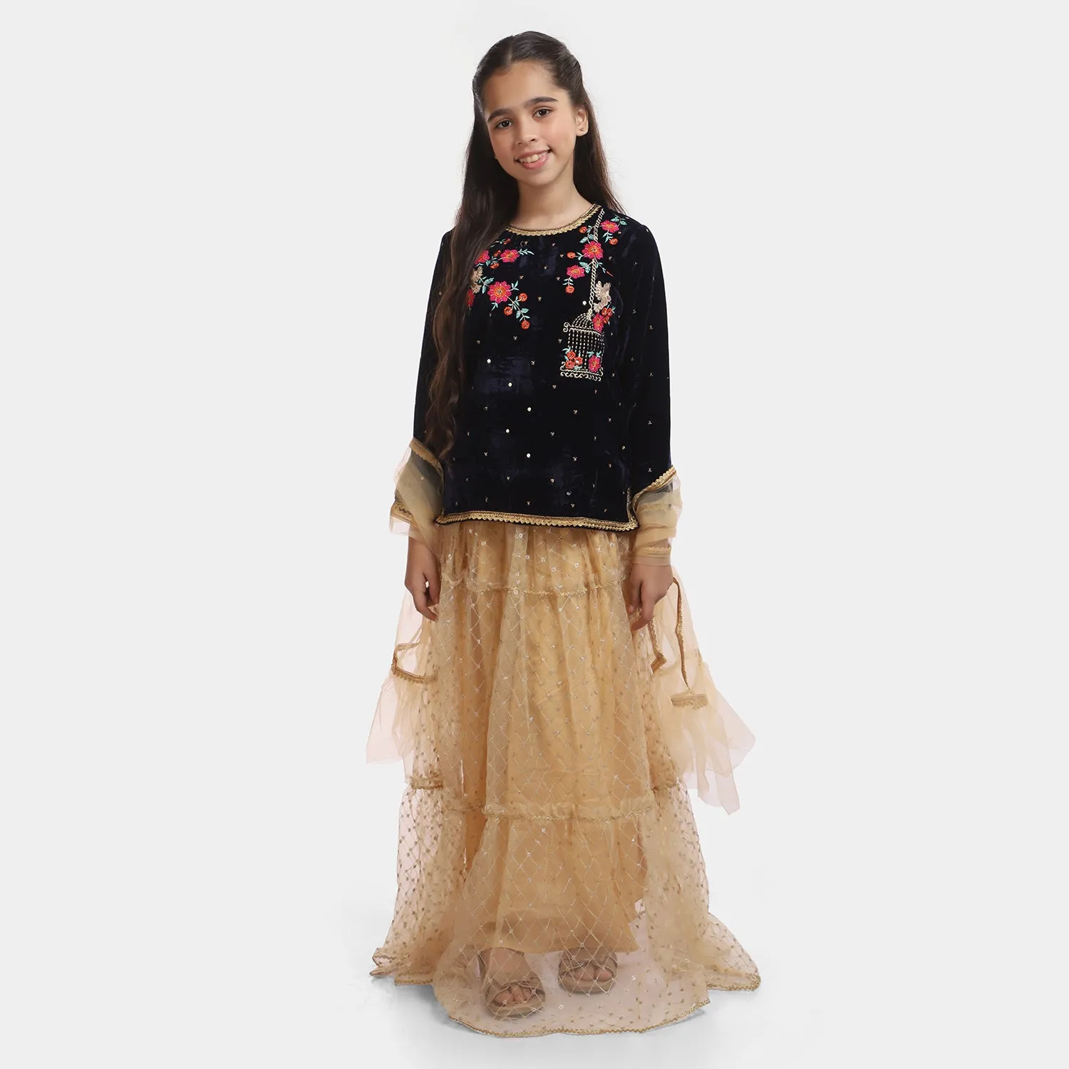 Girls 3PCs Suit Phool Bahar-Navy Blue