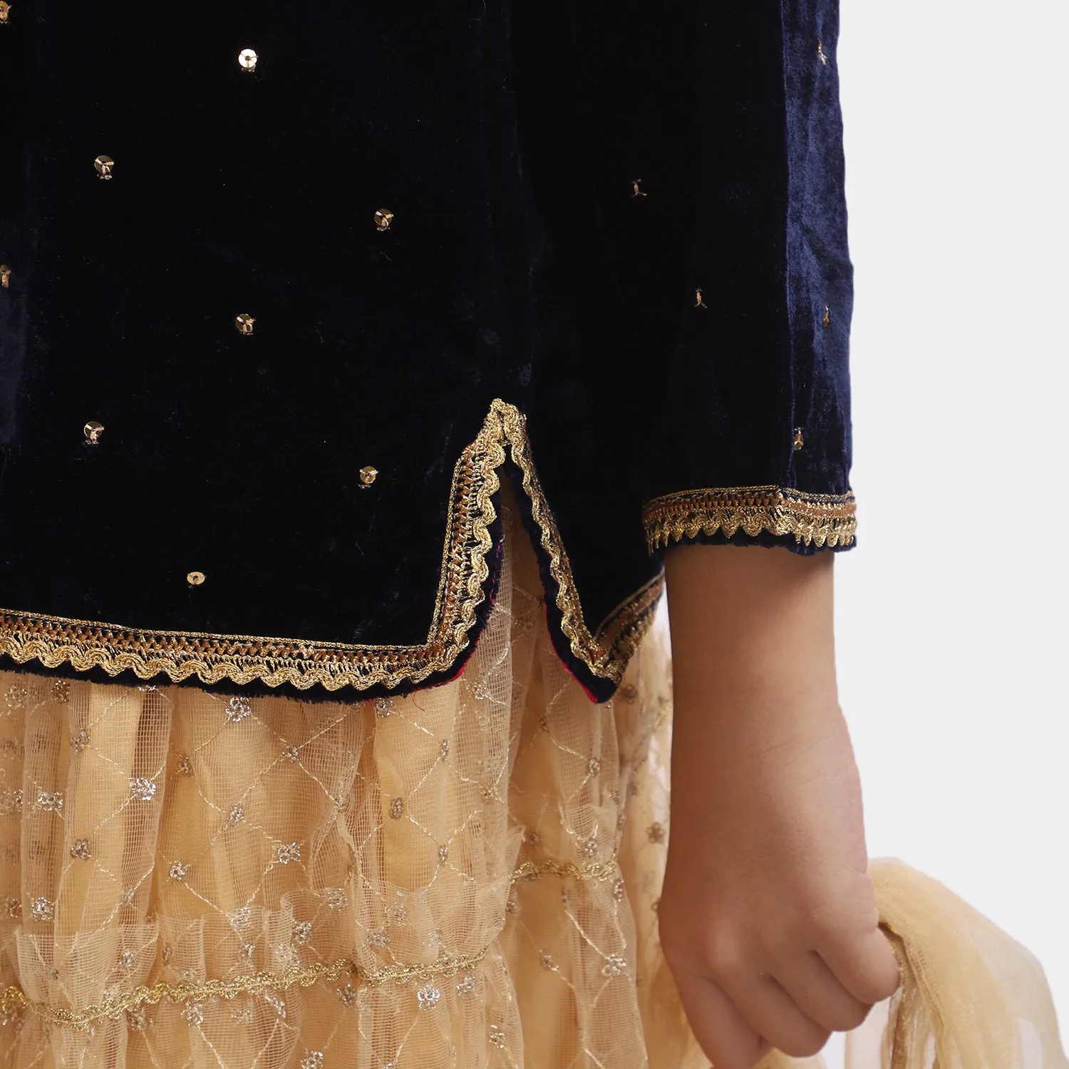 Girls 3PCs Suit Phool Bahar-Navy Blue
