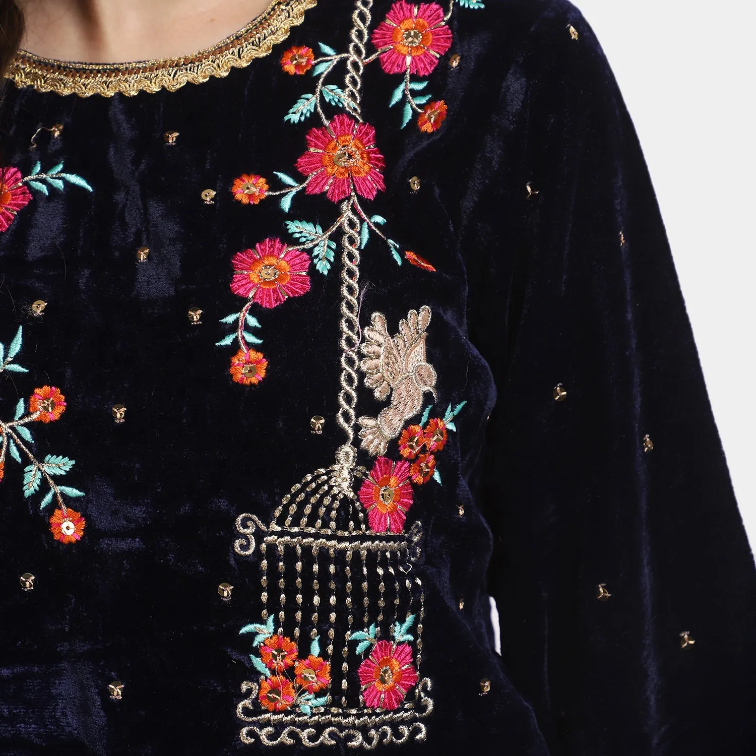 Girls 3PCs Suit Phool Bahar-Navy Blue