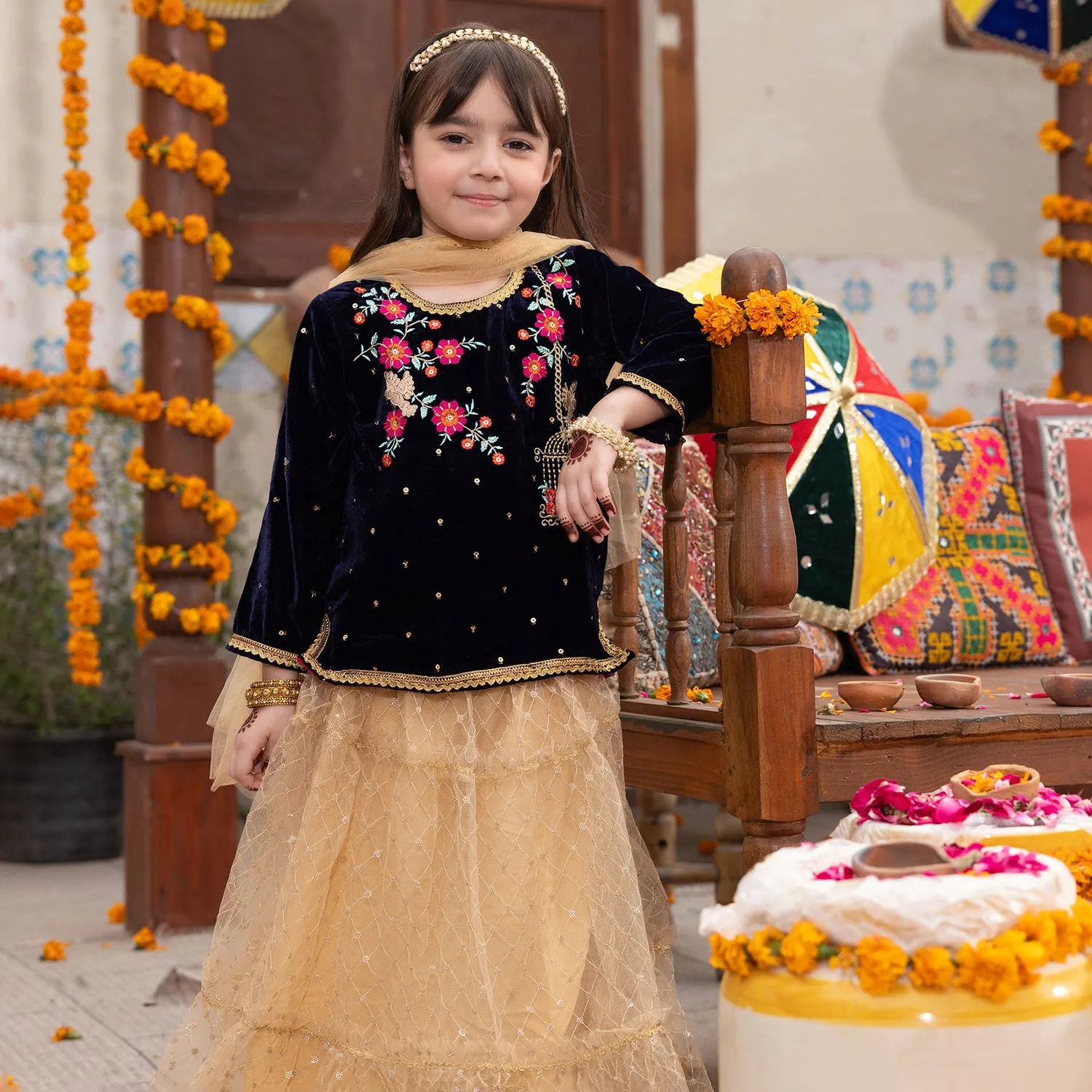 Girls 3PCs Suit Phool Bahar-Navy Blue