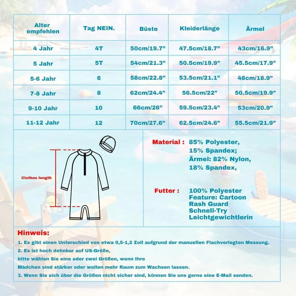 Girls Long Sleeve Rash Guard Swimsuits Zipper Bathing Suits