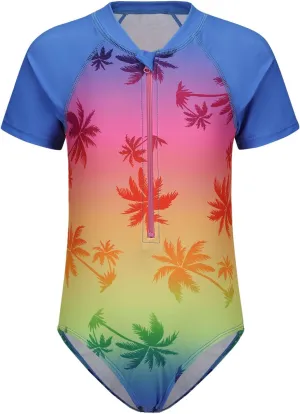 Girls One Piece Swimsuits Short Sleeve Rash Guard for Girl Hawaiian Bathing Suit with Sun Protection Beachwear