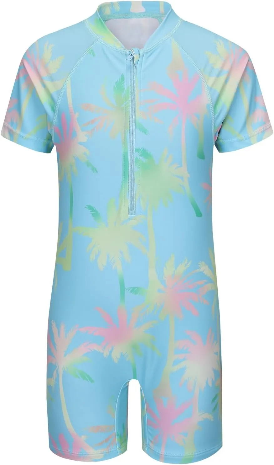 Girls Short Sleeve Rash Guard One Piece Swimsuits Zipper Front Bathing Suit Sun Protection 3-16 Years