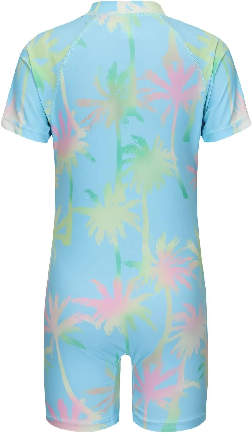 Girls Short Sleeve Rash Guard One Piece Swimsuits Zipper Front Bathing Suit Sun Protection 3-16 Years