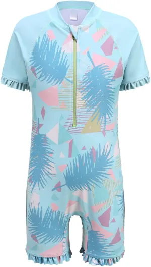 Girls Short Sleeve Rash Guard One Piece Swimsuits Zipper Front Bathing Suit Sun Protection 3-16 Years