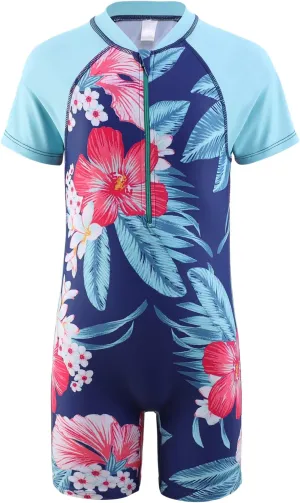 Girls Short Sleeve Rash Guard One Piece Swimsuits Zipper Front Bathing Suit Sun Protection 3-16 Years