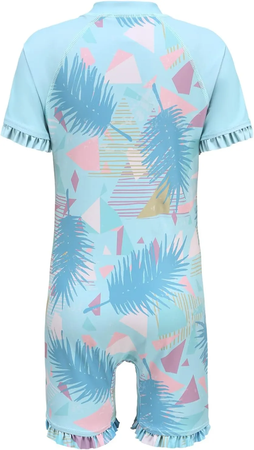 Girls Short Sleeve Rash Guard One Piece Swimsuits Zipper Front Bathing Suit Sun Protection 3-16 Years