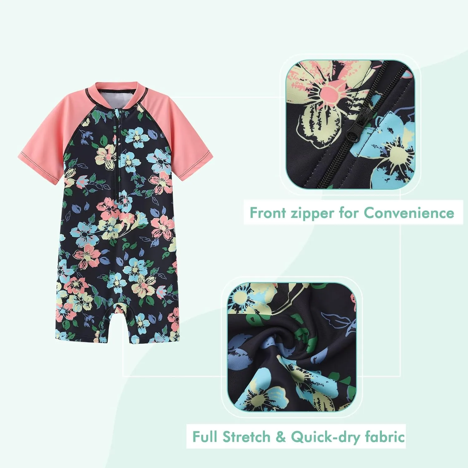 Girls Short Sleeve Rash Guard One Piece Swimsuits Zipper Front Bathing Suit Sun Protection 3-16 Years