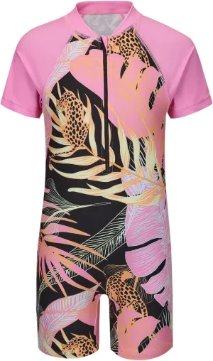 Girls Short Sleeve Rash Guard One Piece Swimsuits Zipper Front Bathing Suit Sun Protection 3-16 Years