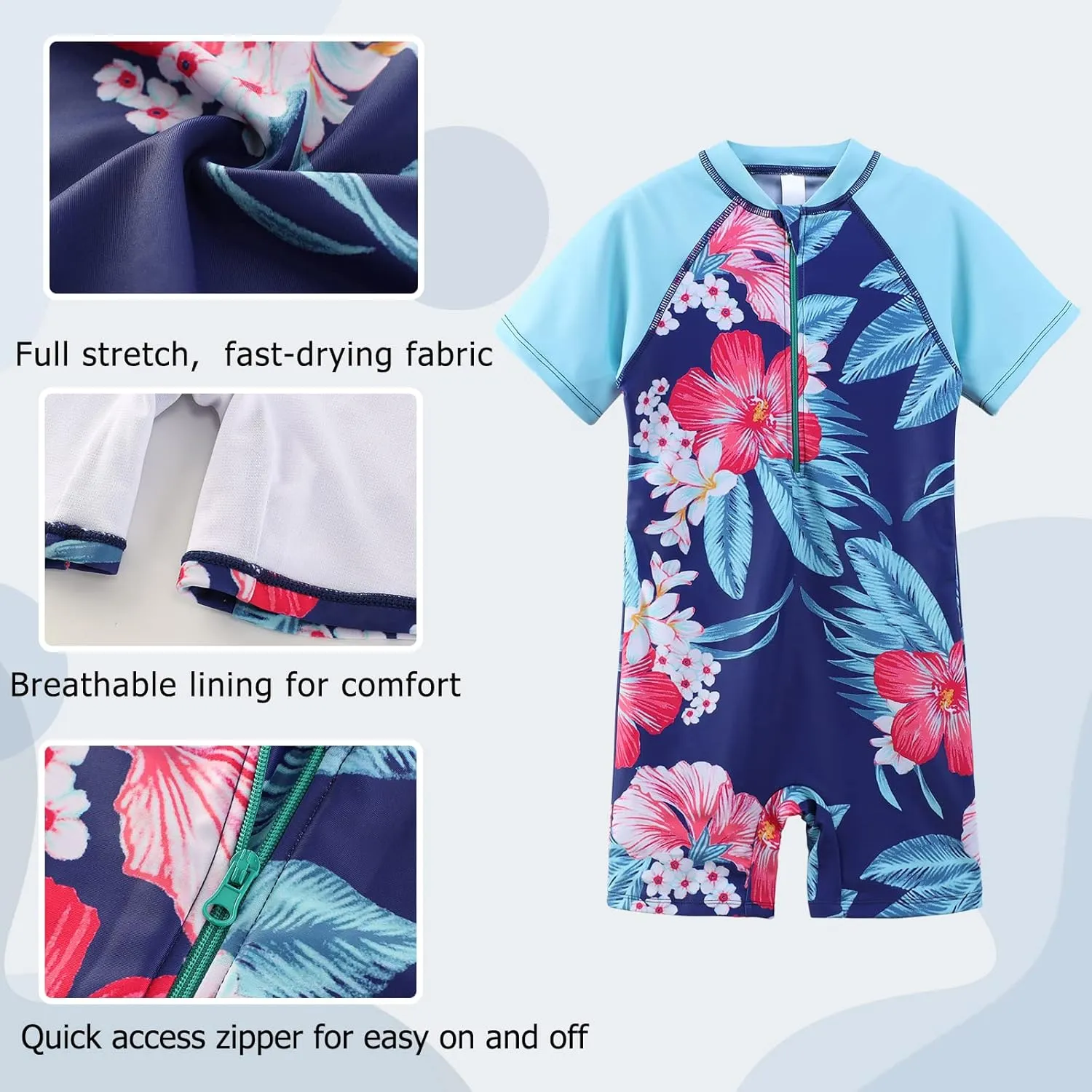 Girls Short Sleeve Rash Guard One Piece Swimsuits Zipper Front Bathing Suit Sun Protection 3-16 Years