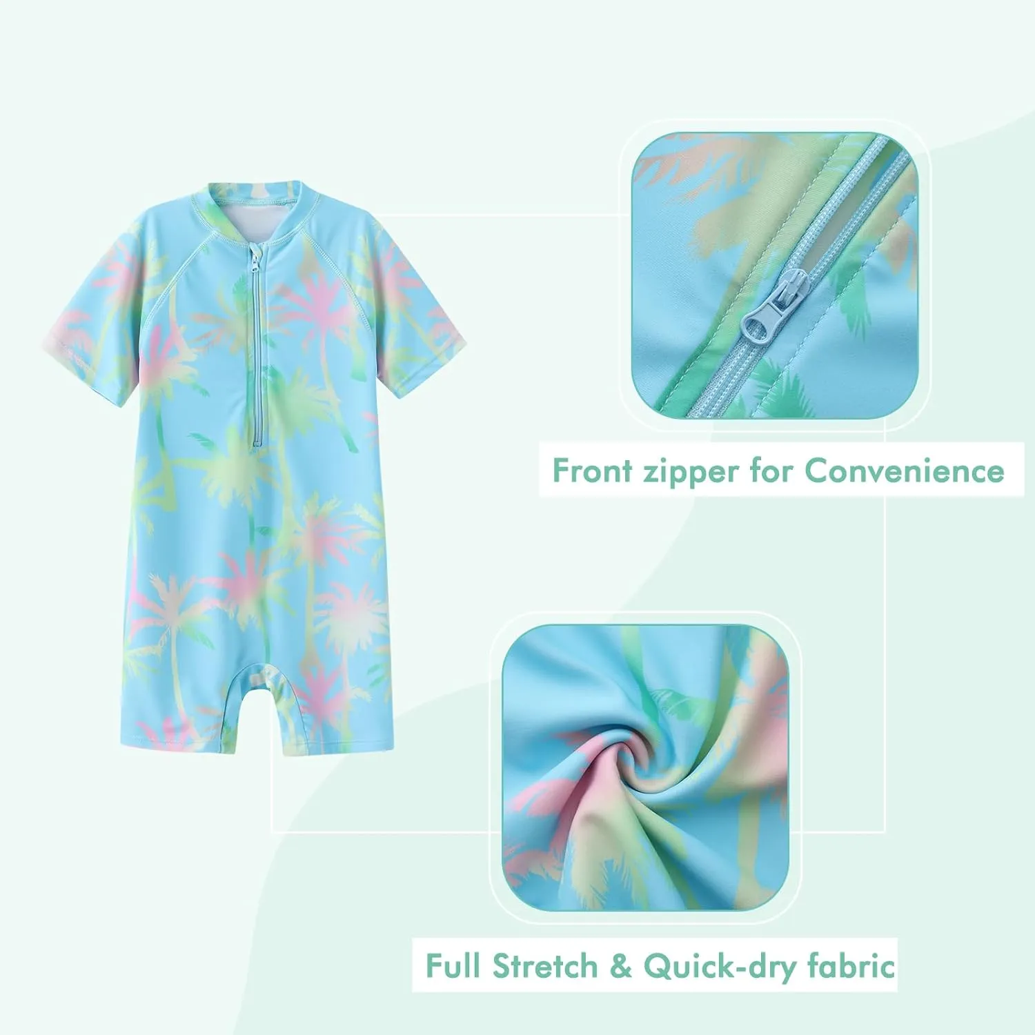 Girls Short Sleeve Rash Guard One Piece Swimsuits Zipper Front Bathing Suit Sun Protection 3-16 Years