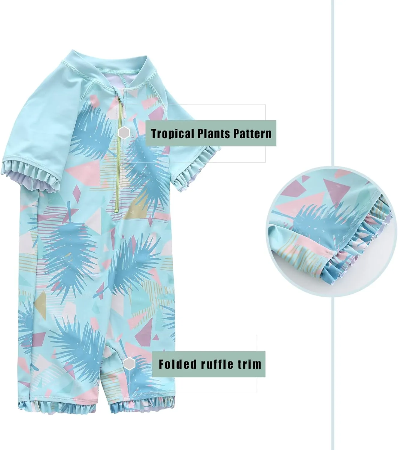 Girls Short Sleeve Rash Guard One Piece Swimsuits Zipper Front Bathing Suit Sun Protection 3-16 Years