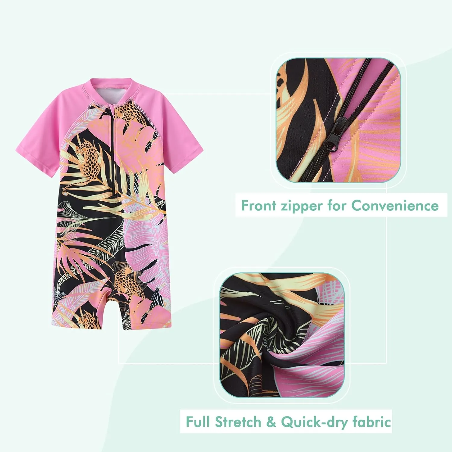 Girls Short Sleeve Rash Guard One Piece Swimsuits Zipper Front Bathing Suit Sun Protection 3-16 Years