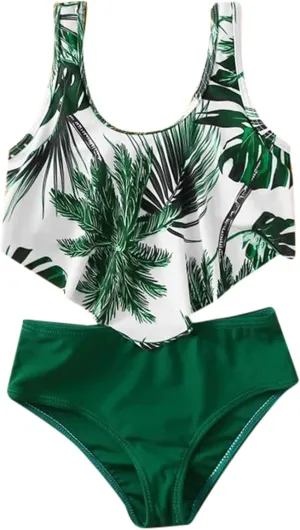Girls Swimsuit One Piece Bathing Suits Cute Tropical Floral Cutout Swimsuit for Teen Girl Sleeveless Beach Swimwear