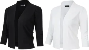 GloryStar Womens 3/4 Sleeve Cropped Cardigan Sweaters Open Front Knit Short Bolero Shrugs Black White XL
