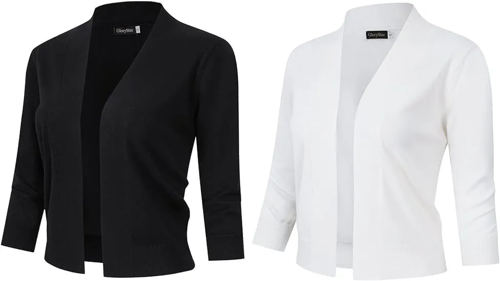 GloryStar Womens 3/4 Sleeve Cropped Cardigan Sweaters Open Front Knit Short Bolero Shrugs Black White XL