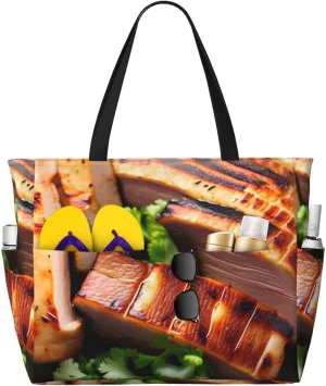 Golden Roast Print 28L Beach Tote Bag, Water-resistant Travel Tote, Lightweight Gym & Camping Carryall