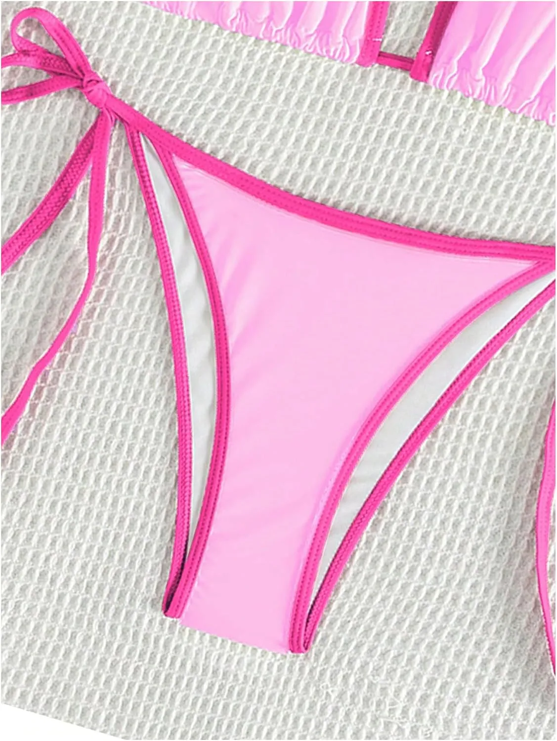 GORGLITTER Women's Contrast Binding Triangle Bathing Suit Halter Swimsuit Tie Side Thong Bikini Set