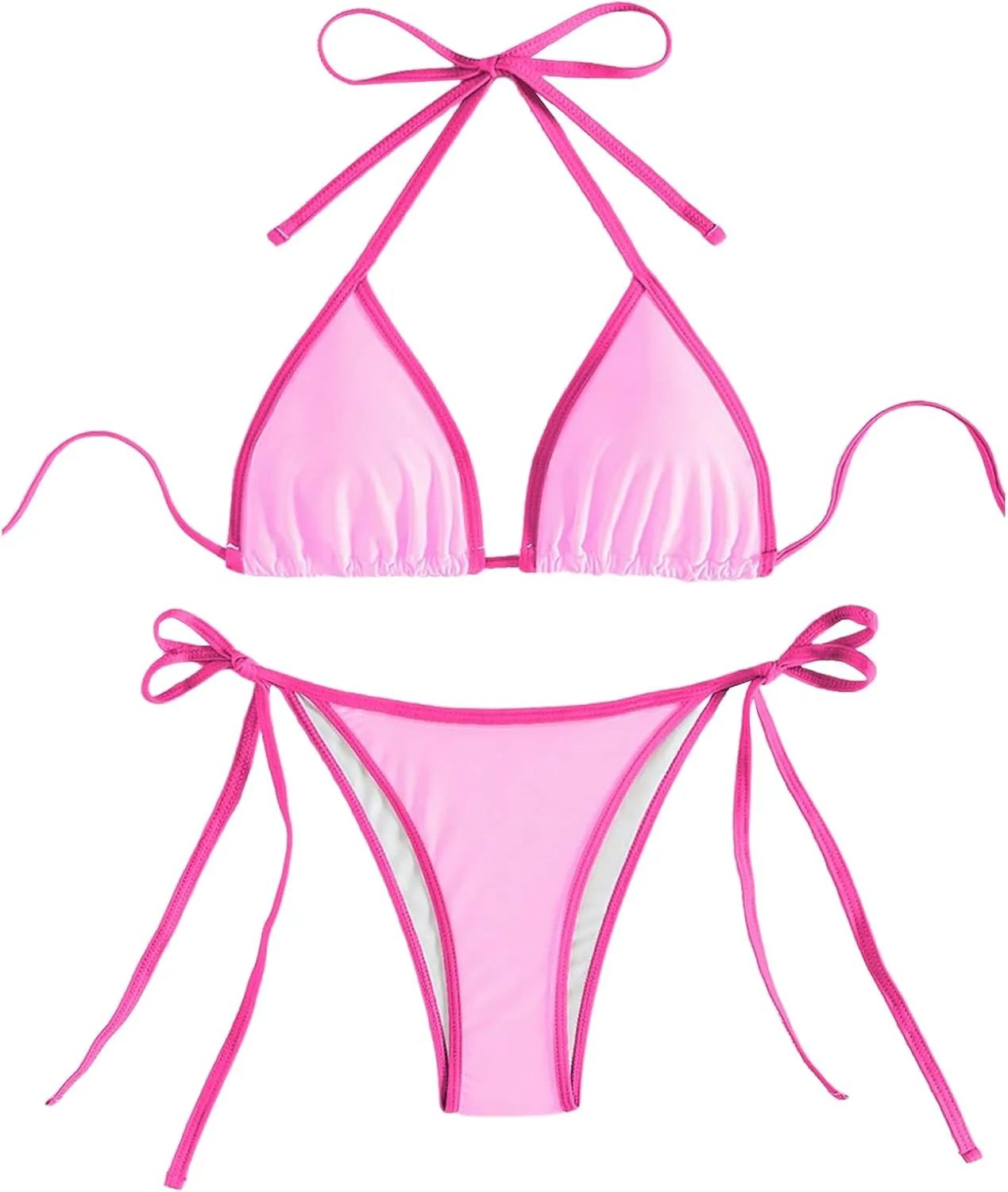 GORGLITTER Women's Contrast Binding Triangle Bathing Suit Halter Swimsuit Tie Side Thong Bikini Set