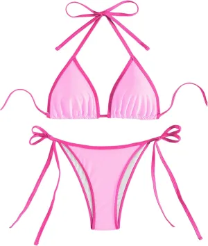 GORGLITTER Women's Contrast Binding Triangle Bathing Suit Halter Swimsuit Tie Side Thong Bikini Set