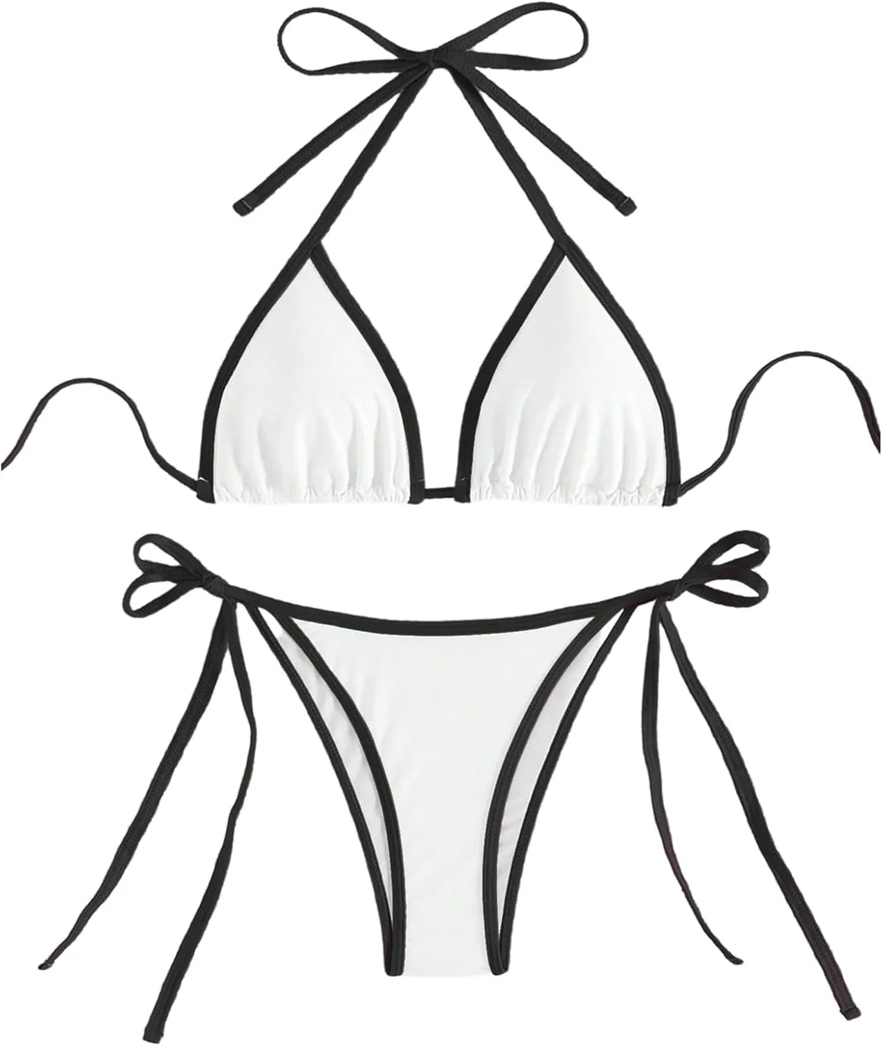 GORGLITTER Women's Contrast Binding Triangle Bathing Suit Halter Swimsuit Tie Side Thong Bikini Set