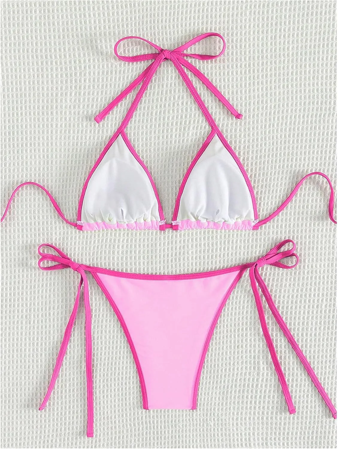 GORGLITTER Women's Contrast Binding Triangle Bathing Suit Halter Swimsuit Tie Side Thong Bikini Set