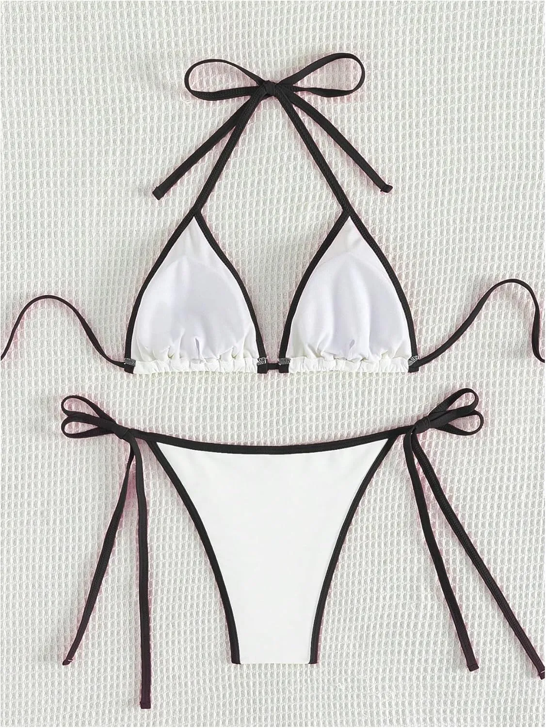 GORGLITTER Women's Contrast Binding Triangle Bathing Suit Halter Swimsuit Tie Side Thong Bikini Set