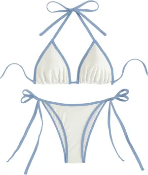 GORGLITTER Women's Contrast Binding Triangle Bathing Suit Halter Swimsuit Tie Side Thong Bikini Set