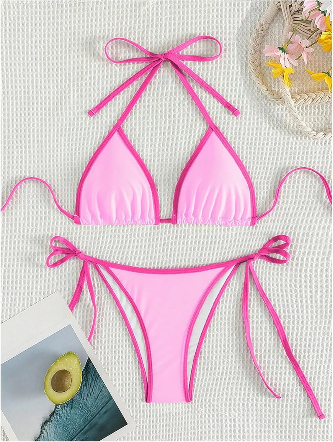 GORGLITTER Women's Contrast Binding Triangle Bathing Suit Halter Swimsuit Tie Side Thong Bikini Set
