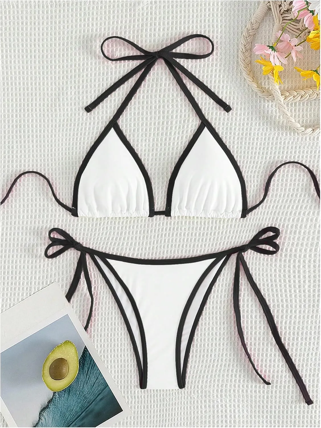 GORGLITTER Women's Contrast Binding Triangle Bathing Suit Halter Swimsuit Tie Side Thong Bikini Set