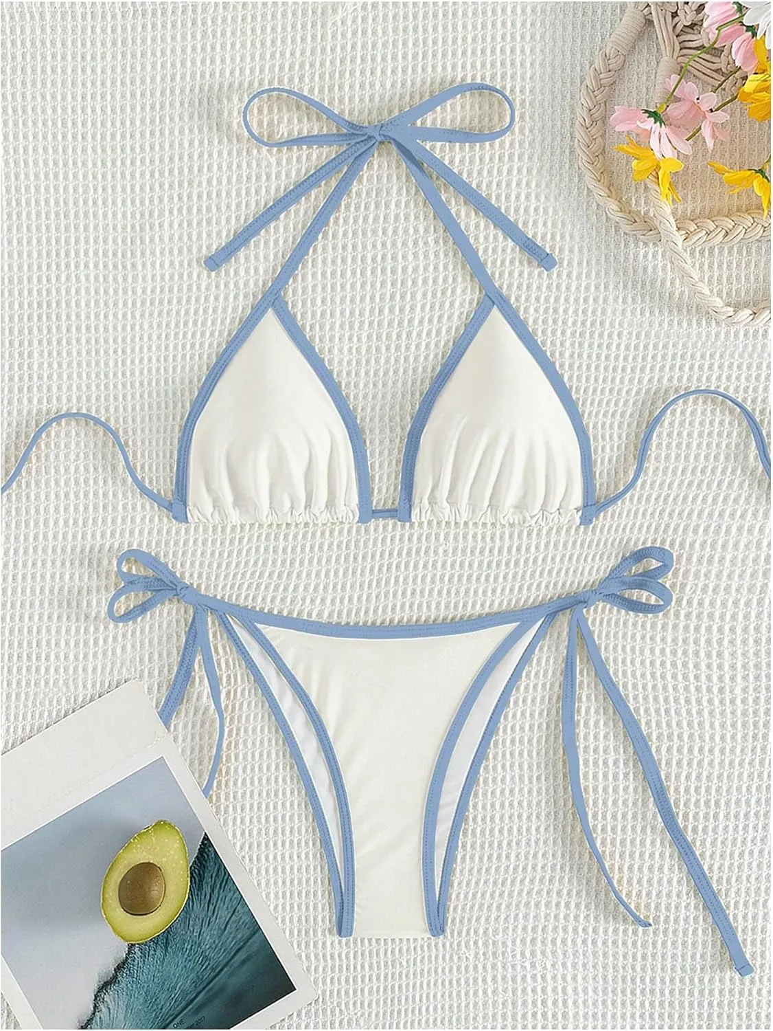 GORGLITTER Women's Contrast Binding Triangle Bathing Suit Halter Swimsuit Tie Side Thong Bikini Set