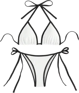 GORGLITTER Women's Contrast Binding Triangle Bathing Suit Halter Swimsuit Tie Side Thong Bikini Set